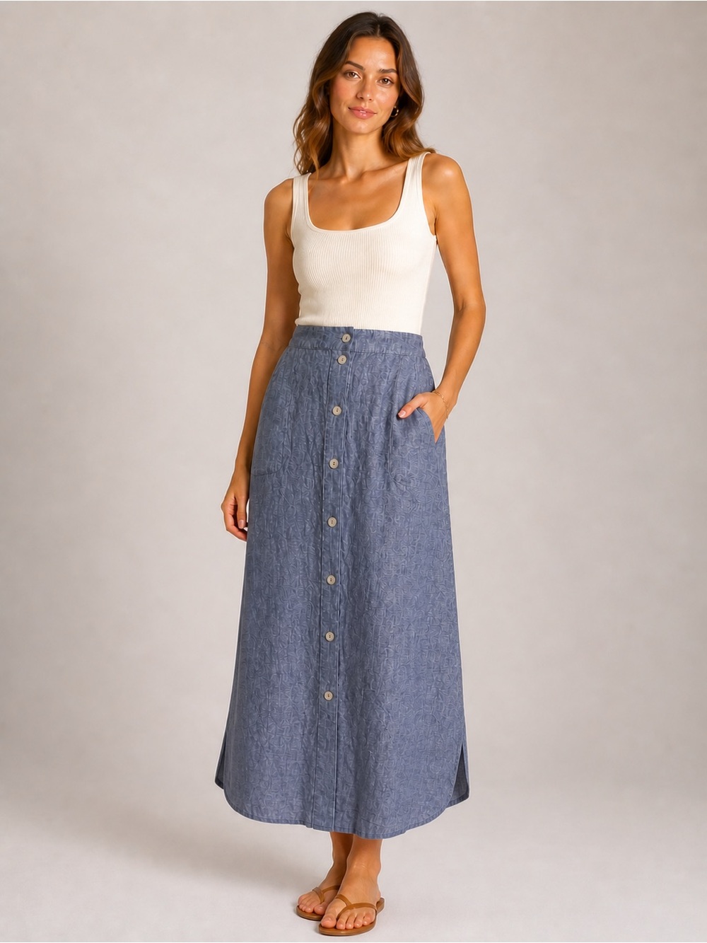 Artisan NY Blue Linen Button-Front Maxi Skirt size L